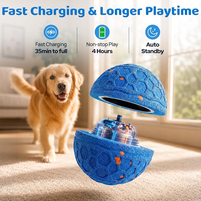 Smart Interactive Dog Ball Toy, Self Rolling Bouncy Ball for Medium and Large Dogs, Durable E-TPU Herding Ball with Auto Movement, IPX65 Waterproof & Washable Shell, Type-C Charging - Blue