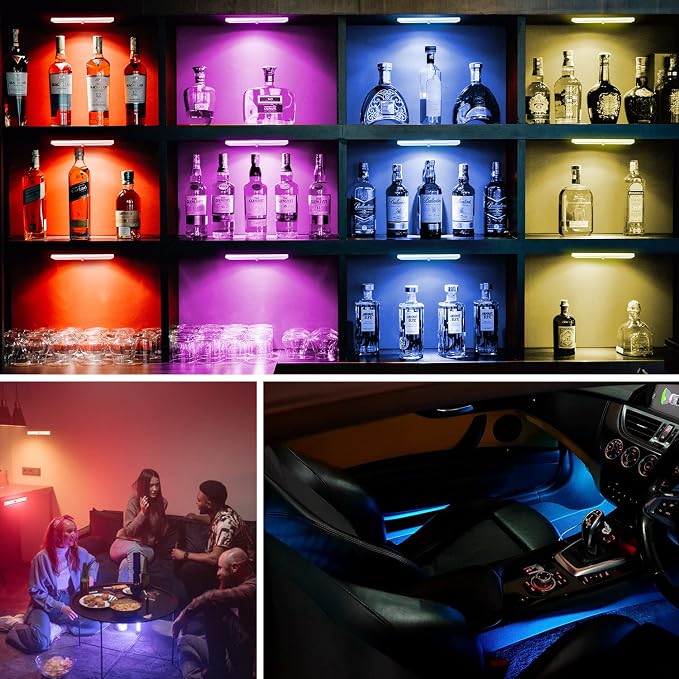 Under Cabinet Lighting Wireless with Remote, 48 LED Rechargeable Under Cabinet Lights, Kitchen Counter Lights Dimmable LED Closet Light RGB Bar for Shelf, Car, Hallway, 15 Color Changing, 6 Pack