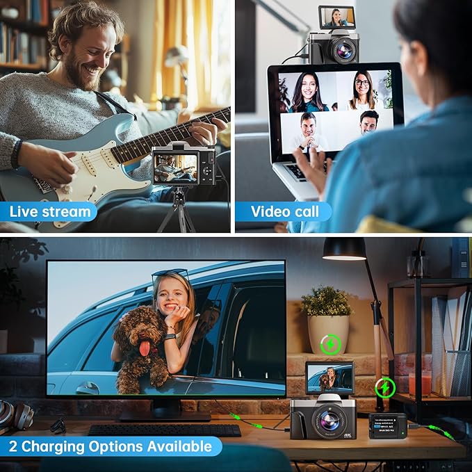 4K Digital Camera for Photography with WiFi 64MP Auto-Focus Vlogging Camera for YouTube Video 3'' 180° Flip Screen 4K Cameras 16X Zoom Anti-Shake Compact Point and Shoot Cameras with SD Card