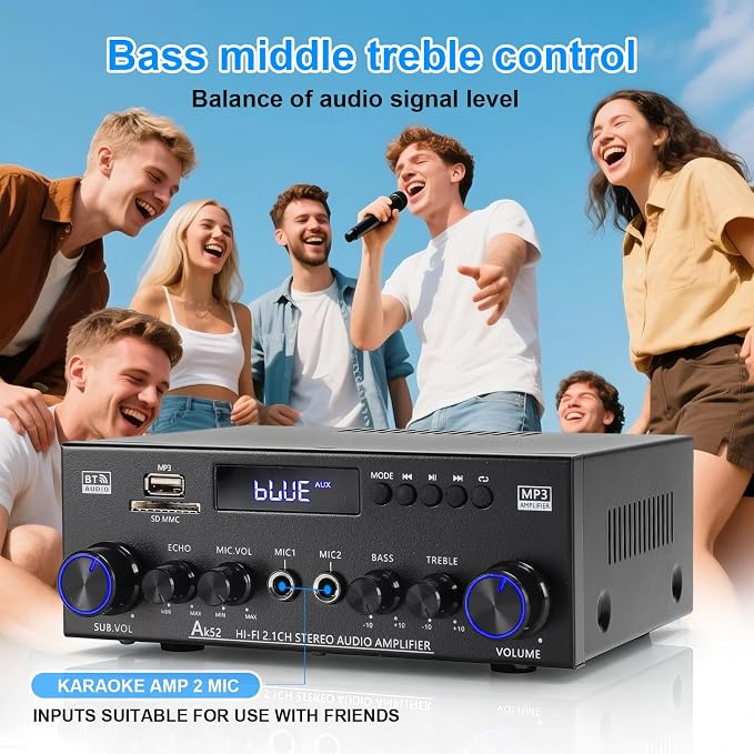 AK52 Home 2.1 Channel Bluetooth 5.0 Stereo Receiver Amplifier, Home 400Wx2+300W Subwoofer Out, FM Radio, USB/SD/AUX, MIC Echo, Remote for Passive Speakers