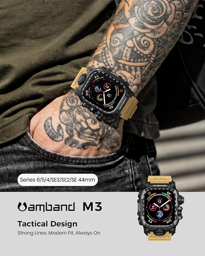 amBand Rugged Case with Band for Apple Watch 44mm, Compatible with iWatch Series SE 3/SE 2nd Generation/SE/6/5/4, Military Grade Shockproof Bumper Cover, Tactical Band for Men, Sand Beige