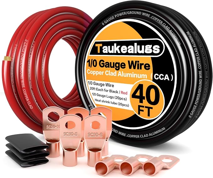 1/0 Battery Cable 1/0 Gauge Wire 40FT Copper Clad Aluminum Amp Wiring Kit- Automotive Power Ground Cable for Car Audio,RV Truck with Pure Copper Lugs & Heat Shrink Tube - Black/Red