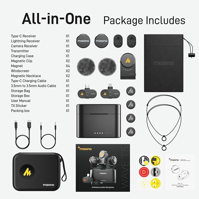 MAONO Wave T5 Mini Magnetic Wireless Lavalier Microphone for Content Creators Video Recording – AI Noise Cancellation, 48kHz/24bit, 4 Voice Filters, 40H, 1000ft Range for iPhone/Android/Camera/PC