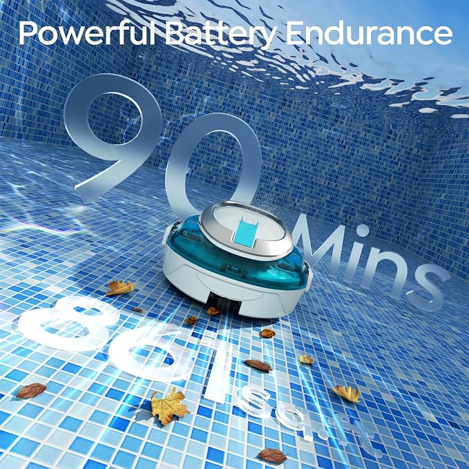 S2 Automatic Pool Vacuum for Above Ground Pools, Cordless Robotic Pool Cleaner with Dual-Motor Cleaning System, 90-Min Runtime, Efficient Debris Pickup and Quick Drain Design(Transparent Blue)