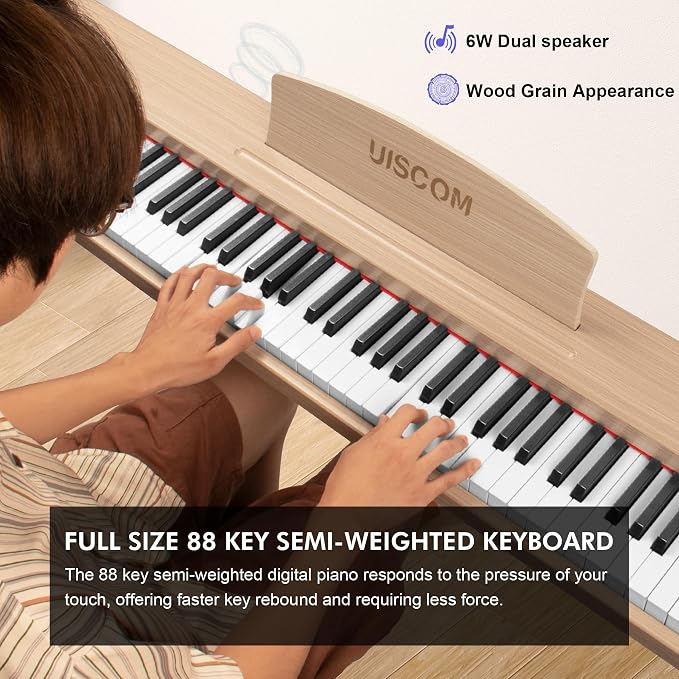 UISCOM Digital Piano Keyboard for Beginners, Full Size 88 Key Semi-Weighted Keyboard Electric Piano with Stand,Power Adapter,Sheet Music Stand,Pedal,Headphone,USB-MIDI Compatible,Wood Grain Apricot