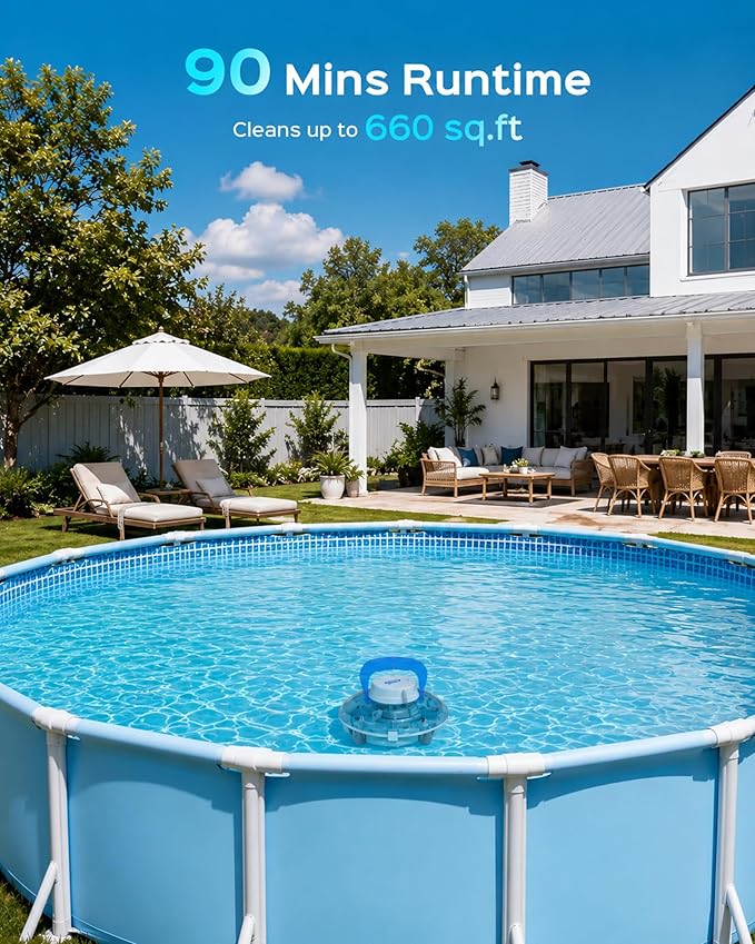 (2026 Upgrade) Cordless Pool Vacuum for Above Ground Pool, Automatic Pool Cleaner Robot Cleaning Up to 660 sq.ft, Dual-Layer Filtration, 90 Mins Runtime, Self-Parking, with Hook (Pale Blue White)