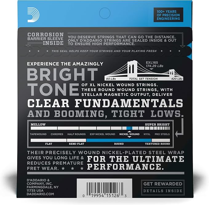 D'Addario Electric Bass Guitar Strings, XL Nickel, EXL165, Regular Light Top/Medium Bottom Gauge 45-105, Long Scale, 4-String Set, Pack of 1