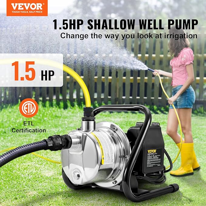 VEVOR Shallow Well Pump,Garden Jet Pump, 1.5 HP 115V, 1200 GPH 164 ft Height, Stainless Steel Sprinkler Booster Jet Pumps for Garden Lawn Irrigation system, Lake Fountain, Water Transfer