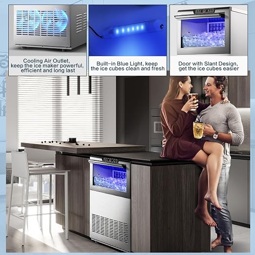 Amzgachfktch Commercial Ice Maker 150lbs/24H Under Counter Ice Maker, 50lbs Ice Storage, Ice Maker Commercial for Home Bar Restaurant, Blue Light, Self-Cleaning, LED Digital Display