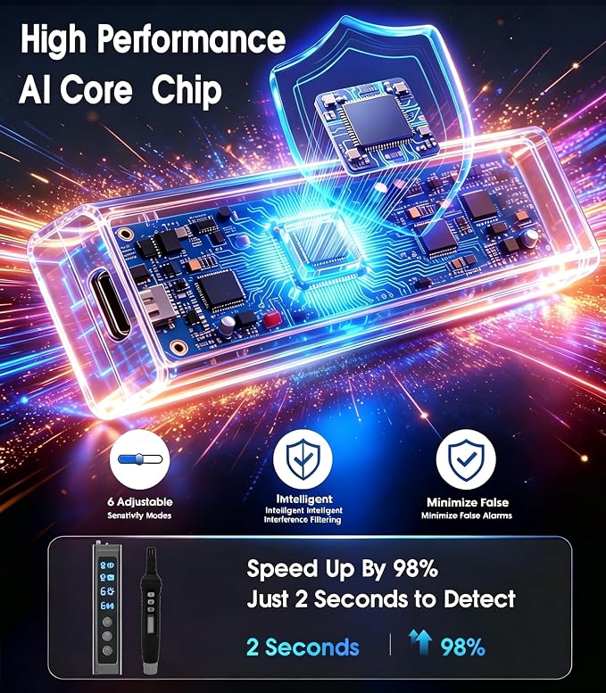 AI Hidden Camera Detector, Professional Privacy Protection Device & Wireless Device Detector, 6 Sensitivity Levels, 4 Modes, Privacy Protector for Hotel, Office, Car, Travel