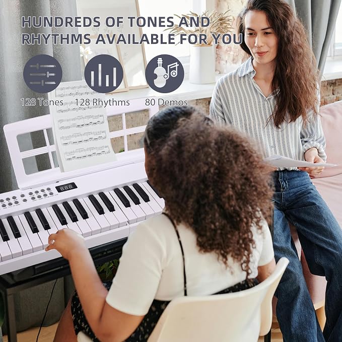 ADM 61 Key Folding Electric Piano Keyboard, Foldable Piano Electronic Keyboard, Wireless 128 Tones, 128 Rhythms Includes Pedal, Gig Bag, Headphones for Beginners, Students, Adults (White-Black)