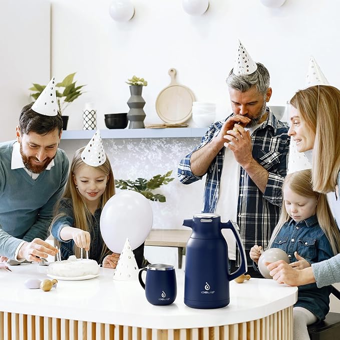 IDEUS Thermal Coffee Carafe, Stainless Steel Double Wall Insulated Vacuum Flask, Water Jug Coffee Server and Beverage Dispenser, Heat and Cold Retention (Navy Blue, 68, Fluid Ounces)