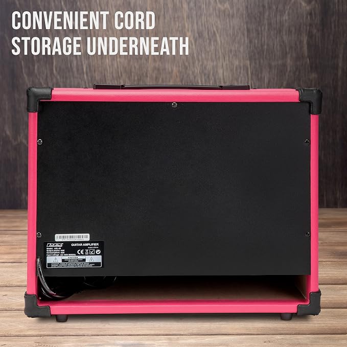LyxPro 40 Watt Electric Guitar Amplifier | Combo Solid State Studio Amp with 8” 4-Ohm Speaker, Custom EQ Controls, Drive, Delay, ¼” Passive/Active/Microphone Inputs, Aux In & Headphone Jack - Pink
