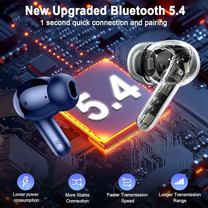 Wireless Earbuds, Bluetooth 5.4 Headphone 3D Stereo Bass Ear Bud, 4 ENC Noise Cancelling Mic, 40+Hrs USB-C in-Ear Earphone, IP-X7 Waterproof Headset Sport Workout Gym for Laptop Pad Android iOS