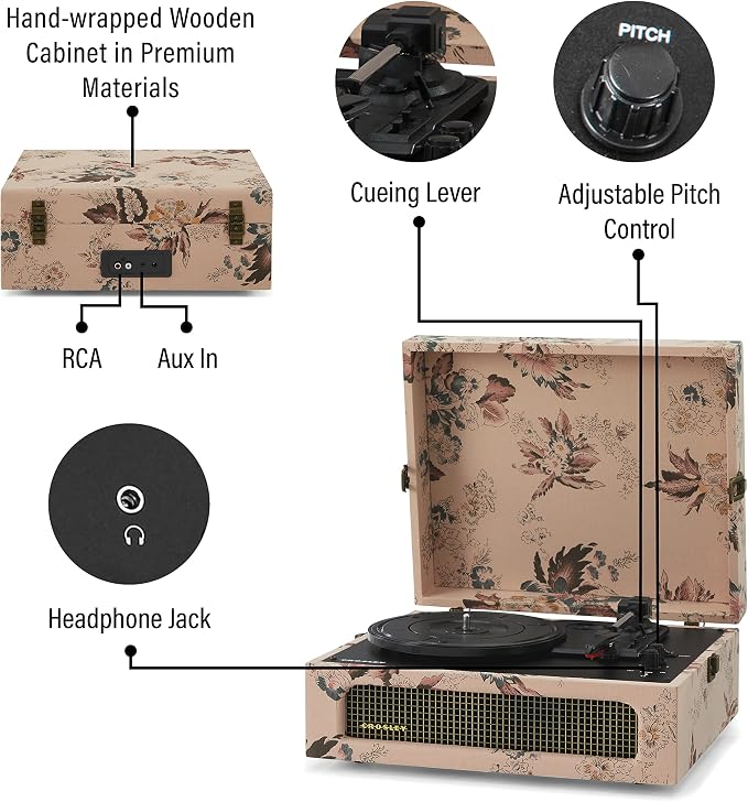Crosley CR8017B-FL Voyager Vintage Portable Vinyl Record Player Turntable with Bluetooth in/Out and Built-in Speakers, Floral