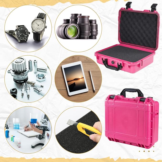 Relaxweex 1 Pcs 11.3 x 12.4 x 6.5 Inch Waterproof Hard Case with DIY Customizable Foam Insert Portable Protective Case with Knife for Camera Drones Equipments Tools Test Instruments(Rose Red)