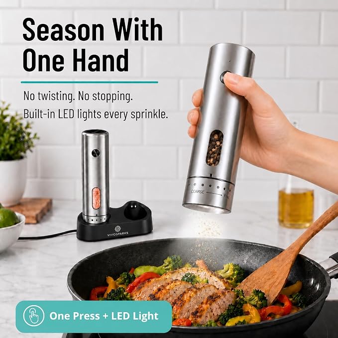 Rechargeable Electric Salt and Pepper Grinder Set of 2 with Charging Base, Automatic One-Hand Pepper Mill, Top-Fill 3.7 oz, 6 Coarseness Levels, Stainless Steel, USB-C with LED