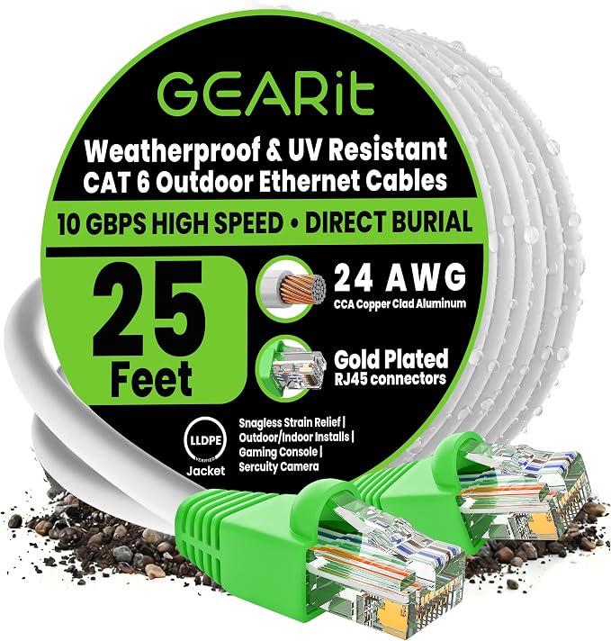 GEARit Cat6 Outdoor Ethernet Cable (25 Feet) CCA Copper Clad, Waterproof, Direct Burial, In-Ground, UV Jacket, POE, Network, Internet, Cat 6, Cat6 Cable - 25ft
