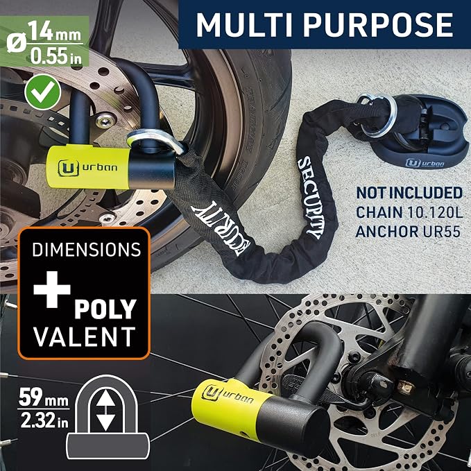 Urban UR59 High Security Motorcycle Disc Lock, ø14 mm Double Locking Mini U, Hardened Steel, Dual Funtion for Brake Wheel or Chain, Reminder Cable, Heavy Duty Anti Theft Device for eBike Scooter