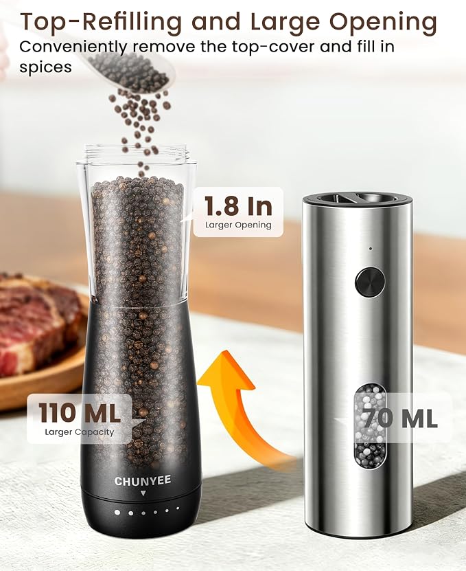 Electric Salt and Pepper Grinder Set - Automatic Stainless Steel Rechargeable Salt and Pepper Grinder Set with Storage Base, Large Capacity, LED Light & Adjustable Coarseness, Ideal Kitchen Gadget