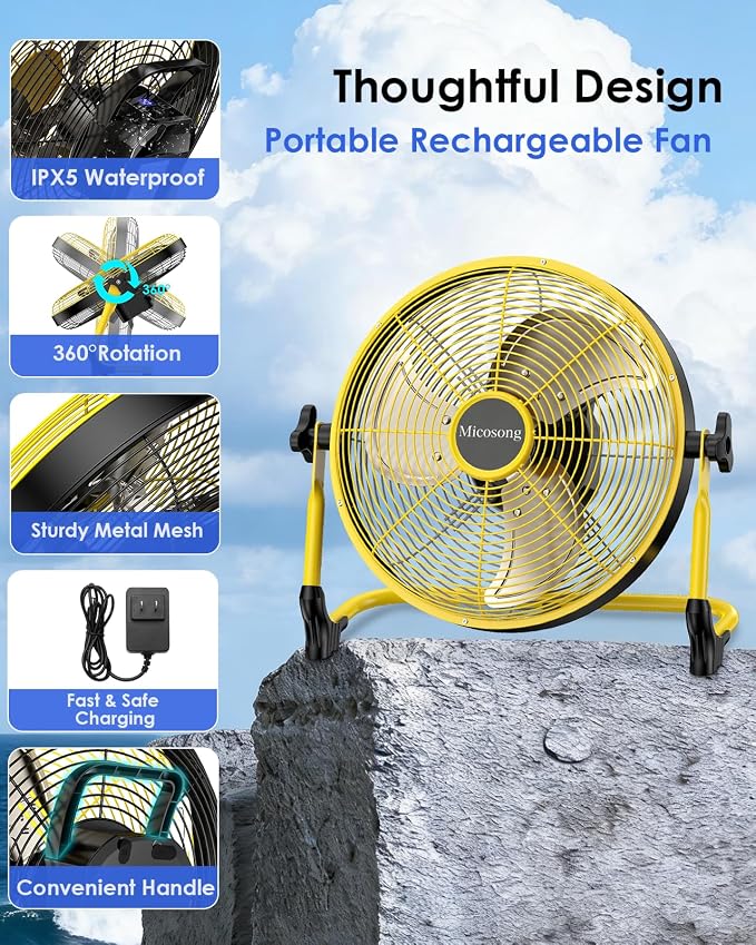 14'' Portable Solar Powered Floor Fan, Cordless Camping Fan Outdoor, Long Lasting Rechargeable Battery Operated Fan, 360° Tilt, USB Output, Wireless, for Home Gazebo Greenhouse Outside Gym