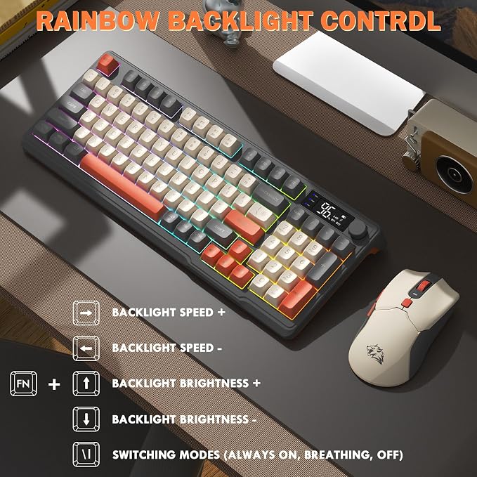 ZIYOU LANG T96 Wireless Gaming Keyboard and Mouse Combo,Dual Bluetooth//2.4G RGB Backlit Mechanical Feeling Keyboard with Smart Display & Knob,4000 DPI Gaming Mouse for PC Laptop Mac Wins-Shimmer