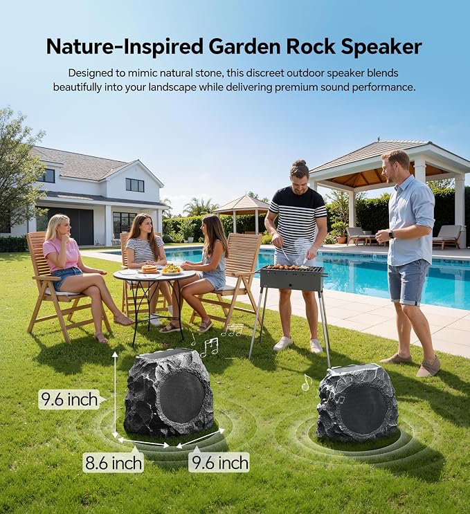 Upgraded Outdoor Rock Speaker 30W Deep Bass Multi-Sync up to 100Pcs, Remote Control, IPX7 Waterproof Solar-Powered Bluetooth Speaker Perfect for Pool, Garden, Patio, Ideal for Music Lovers - 1 Pack