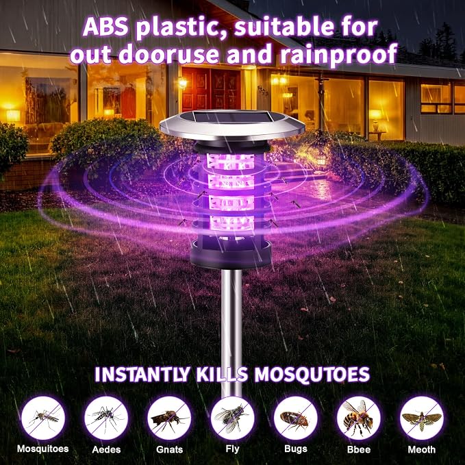 2 Pcs Solar Bug Zapper Outdoor Waterproof Mosquito Repellent Light Solar Power Fly Killer lamp for Moths, Gnats, Fly Small Flying Insect Backyard Garden (Plastic,Purple & White Light)