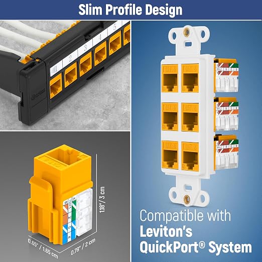 Everest 90° Angled RJ45 Cat6 Keystone Jacks 20-Pack in Yellow - Slim Profile Female RJ45 Connectors - Cat 6 Keystone Jack - Compatible with 90° Angled Speed Termination Tool - easyJACK (B094WB91H3)