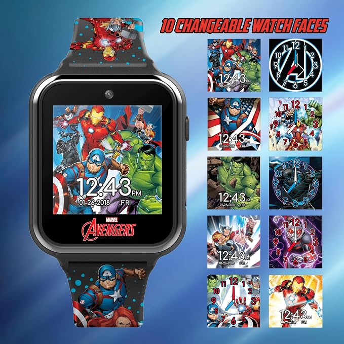Marvel Avengers Interactive Kids Smartwatch – Touchscreen Watch with Games, Camera, Voice Recorder, Step Tracker, Timer & Alarm – 10 Watch Faces, USB Rechargeable – Fits Wrists 5.5" to 8"