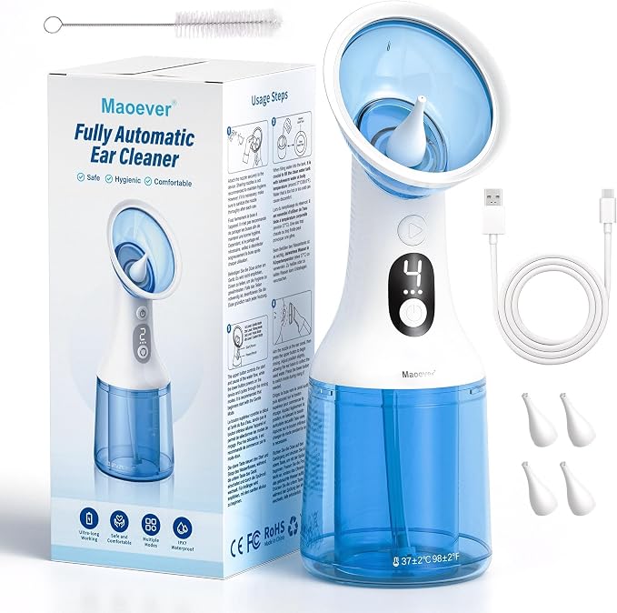 Electric Ear Wax Removal with One-Piece Waste Tank, Water Powered Ear Cleaner with 4 Pressure Modes for 201ml Earwax Remove at Home, USB-C Cable, IPX7 Waterproof(201ml)