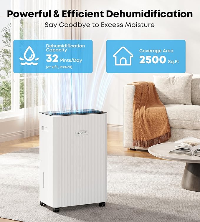 2500 Sq. Ft. Dehumidifier for Basement, 32 Pint Dehumidifiers for Home with Drain Hose, Smart Humidity Control Humidistat, Ultra-Quiet 32dB Moisture Control with 24H Timer for Bathroom, Bedroom & RV