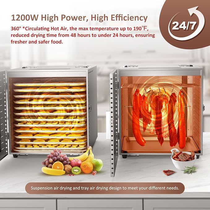 Commercial Large 12 Trays Food Dehydrator, Usable Area up to 22.67ft², 1200W Full Stainless Steel Dryer Machine, up to 190℉ Temperature, for Meat, Fruit, Veggies, Beef, Herbs, Pet Foods