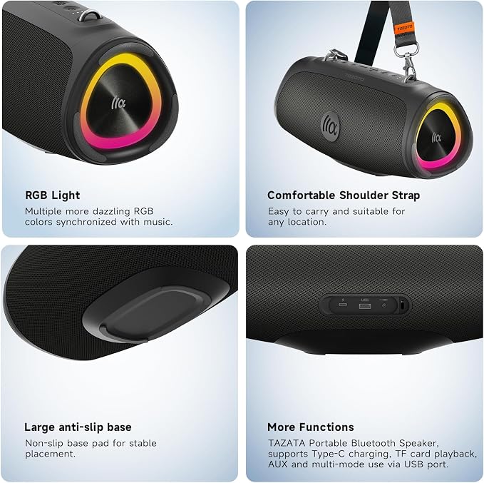 TAZATA Portable Outdoor Bluetooth Speaker, 90W Subwoofer, 100 + Speaker Pairing, BassUp 2.0, IPX7 Waterproof, Floatable, Bluetooth 5.3, RGB Lights, 6 Custom EQ, for Party Beach Pool - Black