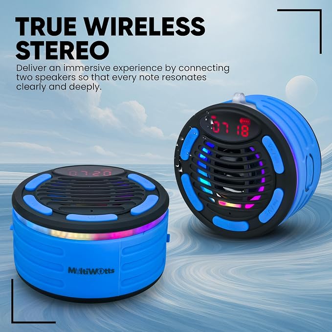 IPX7 Waterproof Portable Bluetooth Speaker with Digital Watch, for Shower, Pool, Beach, Bike, Includes MTB Handlebar Holder, Suction Cup & Carabiner, RGB Lights, FM Radio, USB-C - Gifts