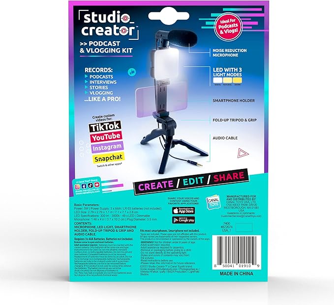 Canal Toys New Studio Creator Podcast & Vlogging Kit – Record Your own podcasts and Vlogs Like Your Favorite influencers! Fold-up Tripod, LED Light & Microphone. Ages 8+