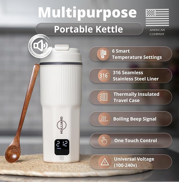 Travel Electric Kettle, 450ml, Dual Voltage, 316 Stainless Steel | 6 temperature presets, 100–240V dual voltage, auto shut-off, 316 stainless steel interior, 450ml capacity