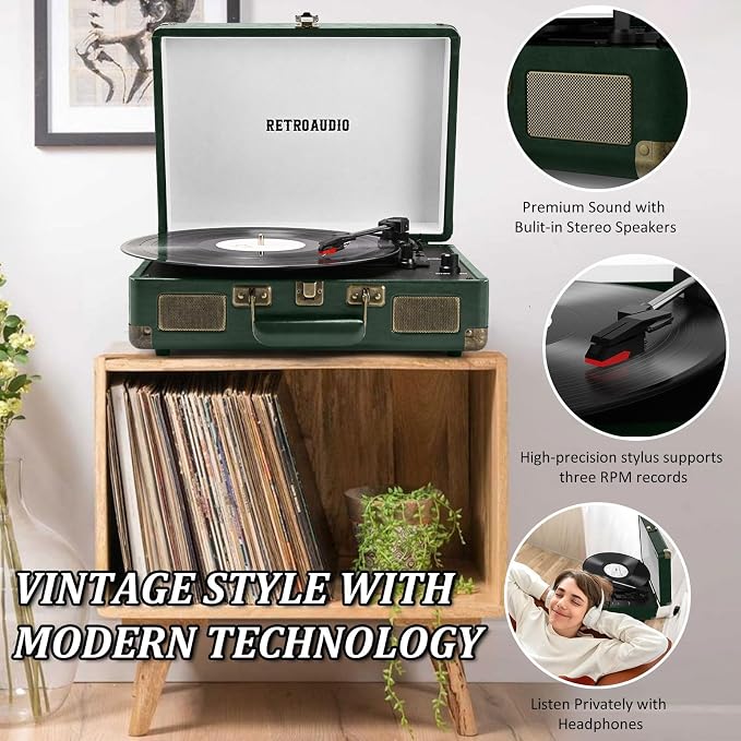 Vinyl Record Player 3 Speed Bluetooth Portable Suitcase Belt-Driven Record Player with 2 Built-in Stereo Speakers Vinyl Vintage Turntable Records Player with RCA Line Out, AUX Out (Dark Green)