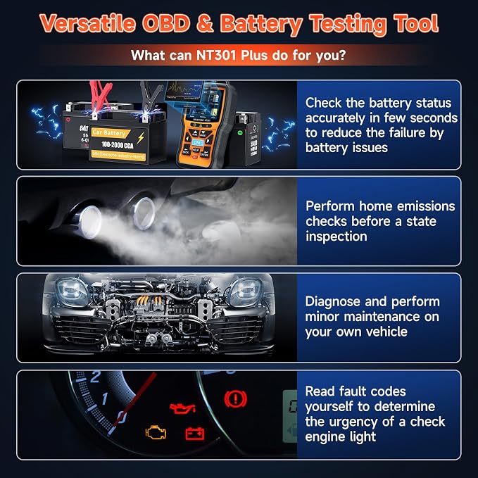 FOXWELL NT301 Plus 2 IN1 OBD2 Scanner Battery Tester + NT301 Code Reader Scan Tool Live Data Mechanic OBDII DiagnosticTool for Check Engine Light