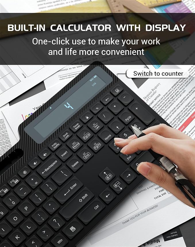 Wireless Keyboard Mouse Combo, Full Size Quiet Ergonomic Keyboard with Calculator, Backlit, Wrist Rest, Phone Holder, 2.4Ghz Silent Rechargeable Keyboard & Mouse for Laptop, PC, Windows (Black)