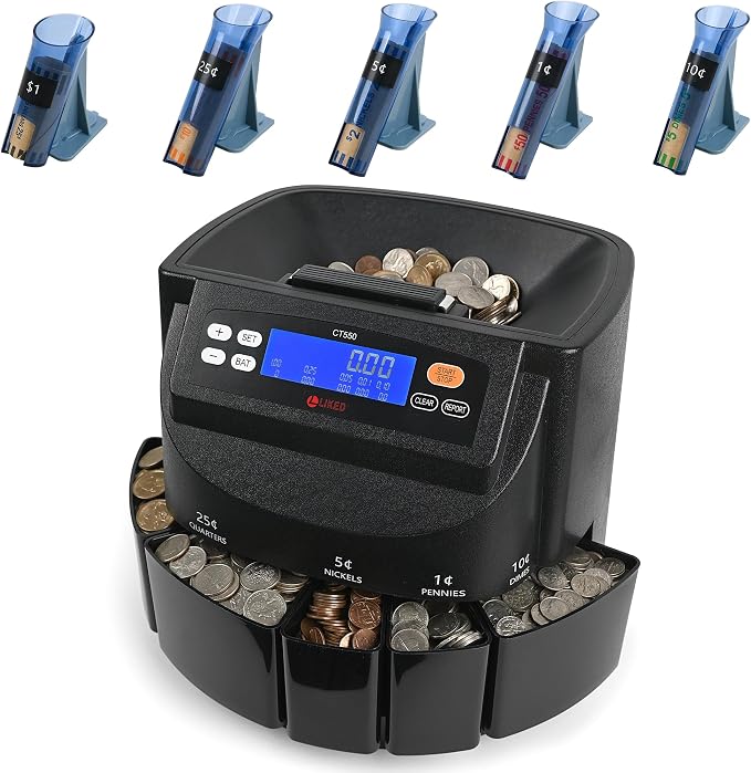 L LIKED Coin Counter and Sorter Machine Accurate sort for Nickels, Dimes, Quarters, Pennies, Dollars, Comes with 50 Performed Wrappers, 270 Coins/min, LCD Display