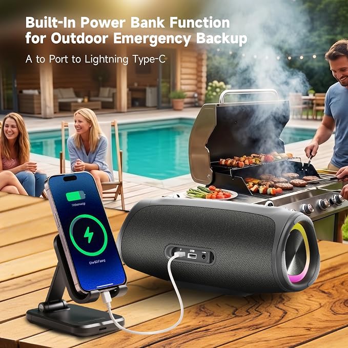 TAZATA Portable Outdoor Bluetooth Speaker, 90W Subwoofer, 100 + Speaker Pairing, BassUp 2.0, IPX7 Waterproof, Floatable, Bluetooth 5.3, RGB Lights, 6 Custom EQ, for Party Beach Pool - Black