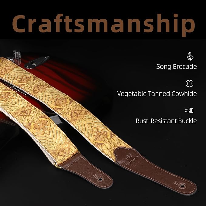 Guitar Strap, Electric& Acoustic Bass Guitar Straps,Embroidered Filament with Head Cowhide Leather Strap, with Free Strap Button,2 Guitar Strap Locks，4Guitar Pick (Gold Water Pattern)