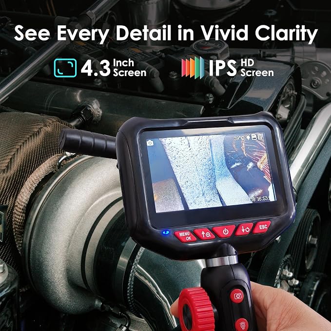 Two-Way Articulating Borescope Camera with Light,360°Rotation,1920P, 6.2 mm Industrial Endoscope IP67 Waterproof Flexible Semi-Rigid Cable for Automotive, Pipe Inspection