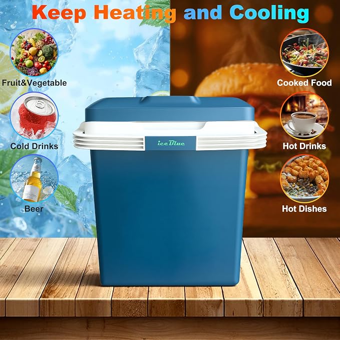 Iceblue Electric Cooler, 26 Liters/28 Cans Mini Fridge with Automatic Locking Handle, 120V AC Home Power Cord & 12V Car Adapter Car Refrigerator, Car Fridge for Home, Car, Gift - Blue