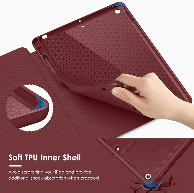 VIKESI Case for iPad 9th / 8th / 7th Generation 10.2 inch (2021/2020/2019 Released),Multiple Angles Magnetic Stand Cover,Shockproof Back,Pencil Holder,and Auto Sleep/Wake,Wine