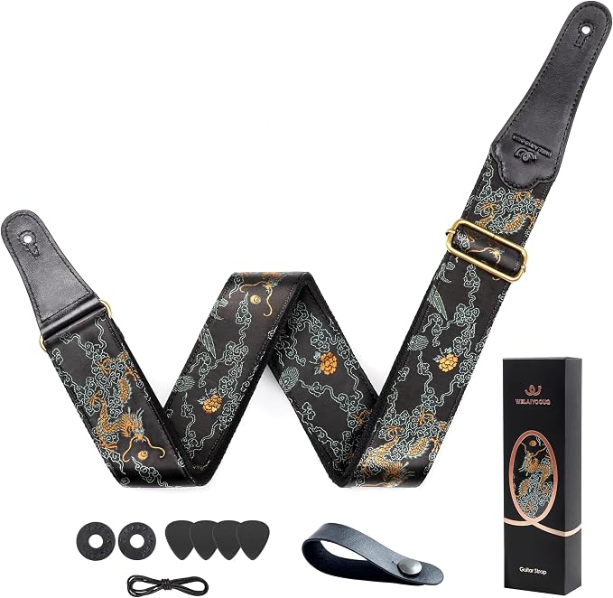 Guitar Strap, Electric& Acoustic Bass Guitar Straps,Embroidered Filament with Head Cowhide Leather Strap, with Free Strap Button,2 Guitar Strap Locks，4Guitar Pick (Golden Dragon)