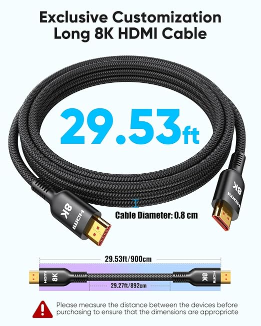 Highwings Long HDMI Cable 30FT, 8K 4K HDMI 2.1 Cord Ultra High Speed[48Gbps 8K@60Hz 4K@120Hz], Heavy Duty, Flexible,Braided, eARC, HDCP 2.2&2.3, HDR 10-Compatible with HDTV,Projector,Monitor and More