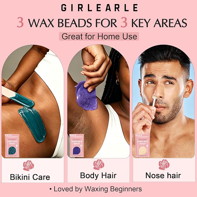 GIRLEARLE Black and Pink Digital Waxing Kit for Women and Men Sensitive Skin, Nose&Ear Wax Kit Hair Removal at Home with Wax Beads & Silicone Pot, Target Different Types of Brazilian Bikini, Facial