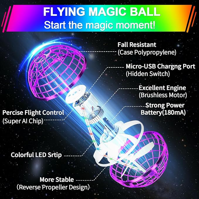 Vantexi Flying Orb Ball Toy,2025 Upgraded Parachute LED,Magic Hand Controlled Flying Gravity Ball,Cosmic Globe Boomerang,Cool Christmas Birthday Gift for 6 7 8 9 10+ Year Old Boys Girls-Red & Purple